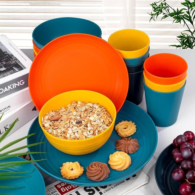 32-Piece Unbreakable Wheat Straw Dinnerware Set,Service for 8 | Premium multi-color wheat straw plates,bowls and cups set for family gatherings,rv camping,and everyday indoor-outdoor dining