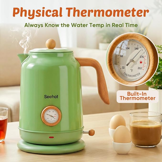 Seehot® Electric Kettle With Thermometer, 1.7L 1200W,Green | Auto shutoff, boil-dry protection,water-contact stainless steel, cordless base for coffee and tea