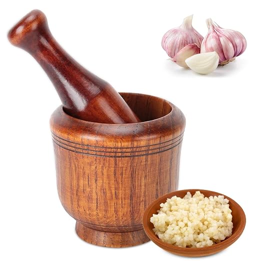 Wooden Mortar and Pestle Set, Traditional Spice Grinder Manual Garlic Masher Pepper Press Ginger Crusher Herb Spices Grinder Set Kitchen Gadgets