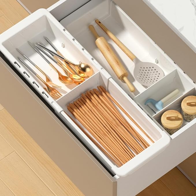 2 PCS Sliding Drawer Tray with Adjustable Dividers | Expandable Kitchen Storage Organizer, Sliding Drawer Bin, Expandable Drawer Organizer Trays For Utensils, Flatware, Junks
