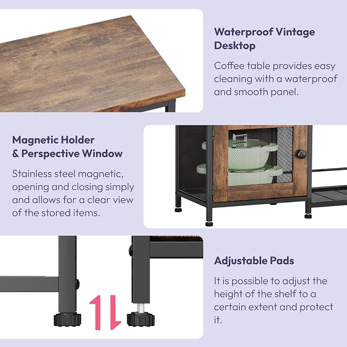 SWTYMIKI Bakers Rack with Storage - Coffee Bar Cabinet Organizer with 8 Hooks, Shelves & Cabinet Door, Coffee Station for Kitchen Dining Room, Microwave Stand with Adjustable Feet, Espresso