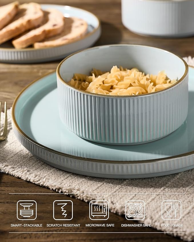 Famiware Stoneware Dishes Dinnerware Sets for 6, Plates and Bowls with Trim | 18pc Ceramic Dinner Set with Lipped Edges, Chip & Scratch Resistant , Microwave & Dishwasher Safe, Everyday Formal Use, Blue