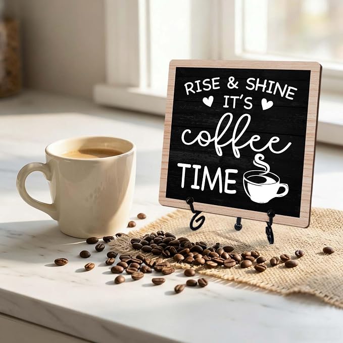 Rustic Coffee Bar Decor, 5"x5" Coffee Bar Sign | Rise & Shine It's Coffee Time Wood Plaque with Stand | Farmhouse Gift for Home Kitchen Tabletop Desk - A02