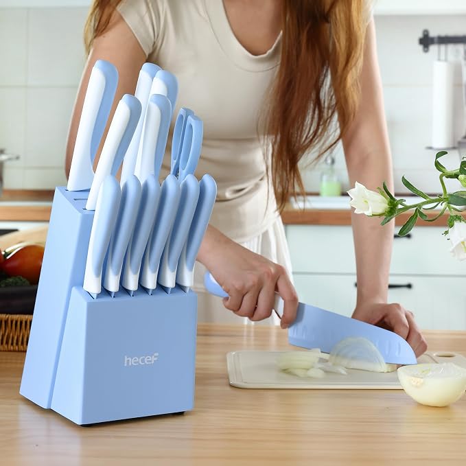 hecef 15 Pieces Kitchen Knife Block Set, Blue | Built-in Sharpening Wooden Block, Dishwasher Safe, High Carbon Stainless Steel, Includes Steak Knives & Kitchen Scissors