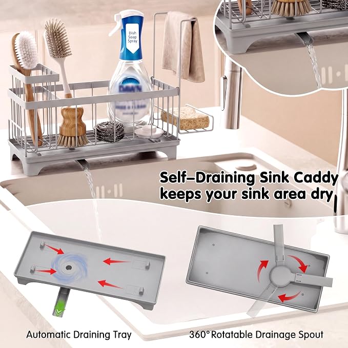 VOOWO Sponge Holder for Kitchen Sink, Compact Sink Caddy with Brush Holder | 304 Rustproof Stainless Steel Dish Soap Holder, Small Kitchen Sink Organizer, Self-Draining Dish Wand Holder with Towel Rack