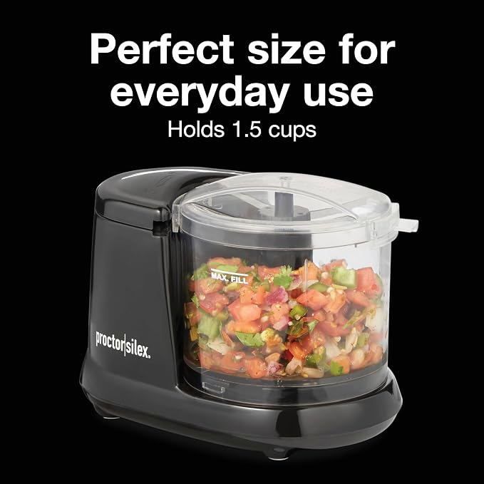 Proctor Silex Durable Electric Vegetable Chopper & Mini Food Processor | 1.5 Cup Bowl | Pulse Speed Control For Chopping, Puree & Emulsify | Stainless Steel Blades | Dishwasher Safe | Black | 72507J