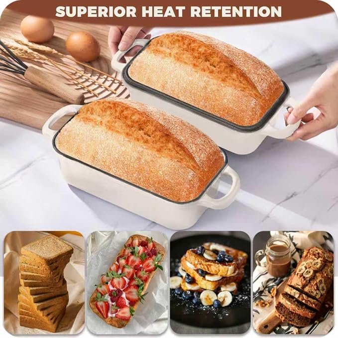 Cast Iron Loaf Pan with Lid, 9x5 Loaf Pans for Homemade Bread | Cast Iron Bread Pan for Sourdough Baking, 9x5 Loaf Pan with 2-In-1 Design, Even Heat Distribution, Cream Enameled