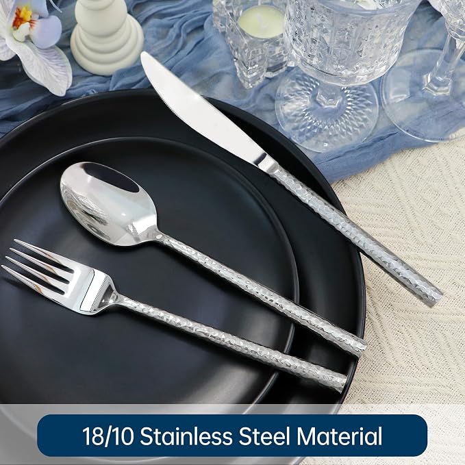 Silverware Set 40 Piece Hammered Round Handle Service for 8 | 18/10 Stainless Steel Flatware Set, Heavy Duty Utensil, Cutlery Set for Home Party Wedding, Mirror Polished Dishwasher Safe