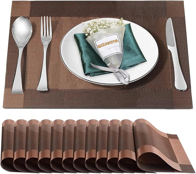 Brown Vinyl Placemats Set of 12,Washable Dining PVC Table Mats | Heat resistant, stain resistant non slip vinyl place mats, washable brown table placemats for dining table