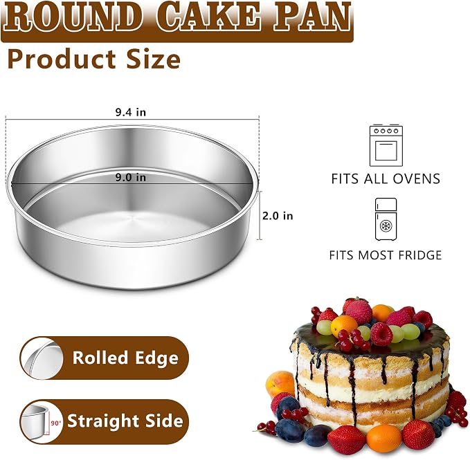 LIANYU Cake Pan 9 Inch Round, Stainless Steel Round Wedding Cake Baking Pan | Metal Birthday Baking Tin Oven Pan for Layer Cake Brownie Lasagna, Leak Proof, Dishwasher & Pot Safe