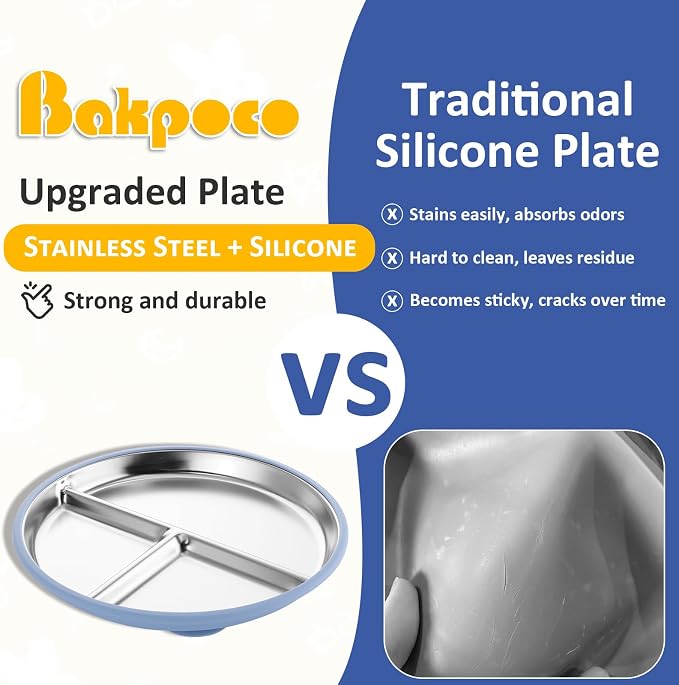 Bakpoco Stainless Steel Suction Plates for Toddlers, 9" Divided Kids Baby Plates with Removable Silicone Suction, Non Toxic Non Slip Portion Control Snack Dishes 4 Packs, Blue Green Gray Pink