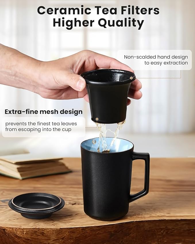 15 oz Ceramic Tea Infuser Cup with Lid - Tea Mug with All Porcelain Strainer for Loose Leaf Teas,Microwave and Dishwasher Safe,Metal-Free,BPA-Free for Tea Lovers/Birthday (Black)