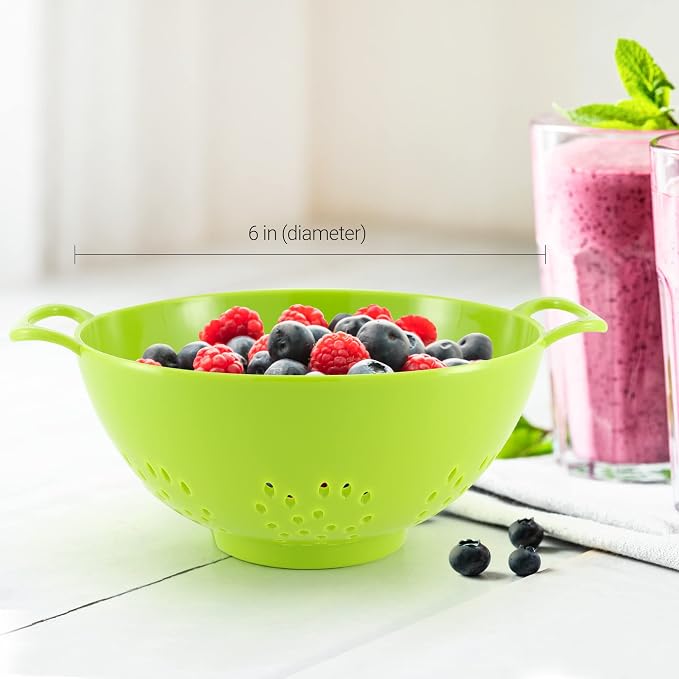 Meadow Lane 6-Inch Small Colander, 3-Cup Food Strainer, Meadow Green | BPA-free, dishwasher-safe mini colander has a wide, shallow bowl, 1/8-inch holes, two handles, ring foot and smooth edges.