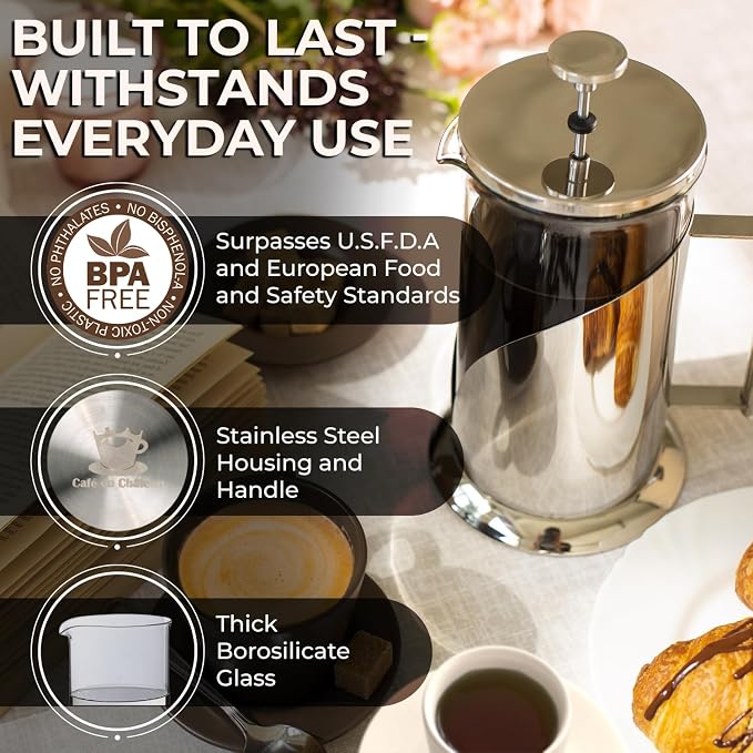Cafe Du Chateau French Press Coffee Maker, 34 oz Glass, Stainless Steel | Easy Brew, Durable Clear Glass, 4-level Filtration, 34 oz Capacity, Coffee Press for Camping, Tea Brewer, BPA-Free Materials