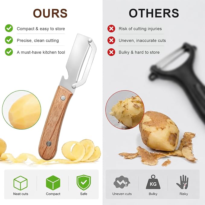 2 Pack Multifunctional Vegetable Peeler with Wooden Handle & Bottle Opener Multi Functional Stainless Steel Peeler for Kitchen, Peeler for Fruit, Potato, Carrot, Pumpkin, Apple Peeling