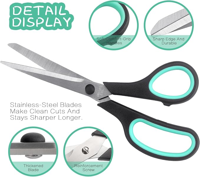 LONGKEY 8.5" Scissors 3-Pack, Ultra Sharp Stainless Steel, Black | All Purpose Scissors for Office Home School, Soft Comfort-Grip Right/Left Hand