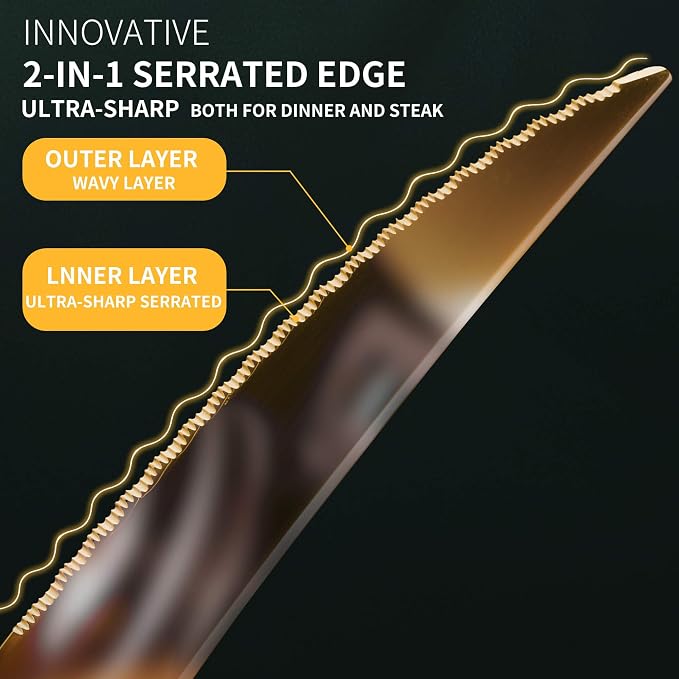 30-Piece Hammered Gold Silverware Set for 6 with Serrated Forging Knives,18/10 Stainless Steel Modern Flatware Set,Unique Cutlery Set,Mirror Polished,Dishwasher Safe