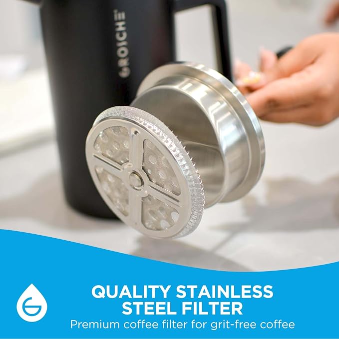 GROSCHE Dublin Double Wall Stainless French Press, Black, 8 Cup, 34 oz | Fine-Mesh Filter Reduces Grit, Insulated Body Retains Heat, Dishwasher-Safe Parts Simplify Cleanup for Daily Hot or Cold Brew