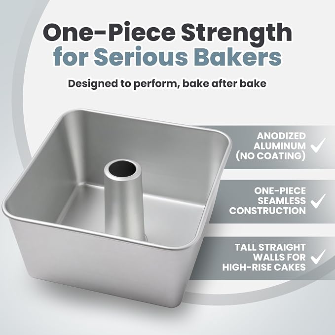 One-Piece Square Tube Cake Pan, 18 Cup, Anodized Aluminum, 9 x 9 x 4.5 in, Seamless Design, Easy Release, Even Heat, for Angel Food, Chiffon, Sponge, Mile High & Pound Cakes