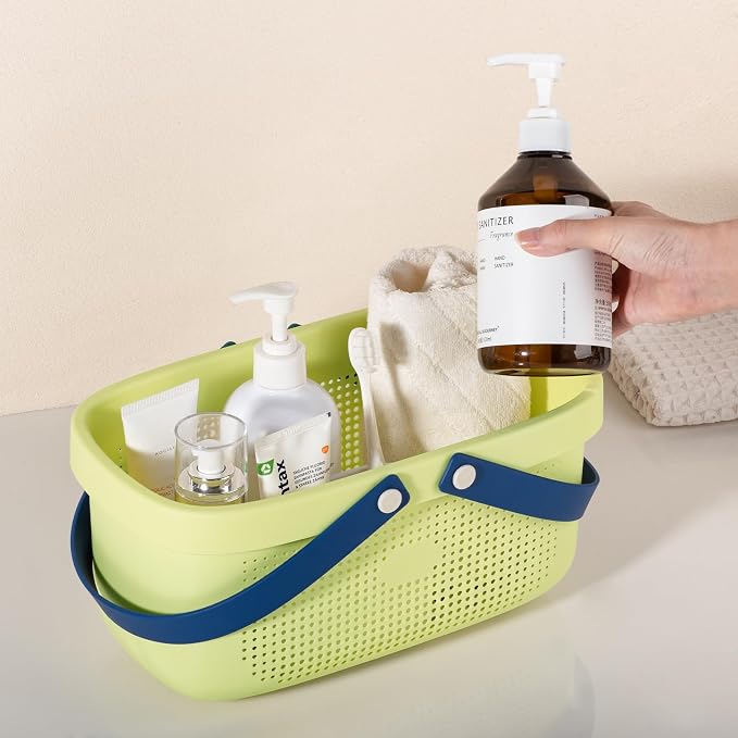 Portable Shower Caddy Basket with Handles Plastic Storage Basket ‌Yellow | Sturdy Drainage Large Capacity Organizer Basket with Silicone Handles for Bathroom Kitchen Bedroom College Dorm Essentials