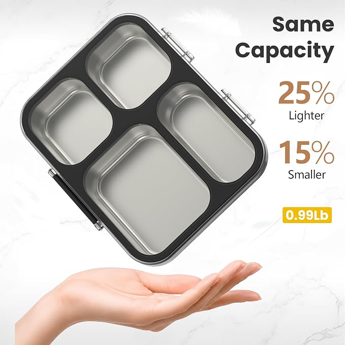 HOMEKOL Stainless Steel Bento Lunch Box, 4 Cups, Black | 4-Compartment Leak-Proof Metal Lunch Container for Kids & Adults, BPA/BPS-Free, Dishwasher Safe, Clear Lid, (Not Insulated)