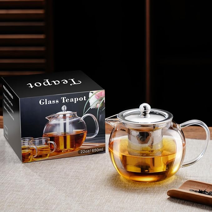 PARACITY Glass Teapot Stovetop 22 OZ/650ml, Tea pot with Removable 18/8 Stainless Steel Infuser, Borosilicate Clear Tea Kettle, Teapot Blooming and Loose Leaf Tea Maker Tea Brewer for Camping, Travel | Clear small tea kettle with infuser and tea pot wi...