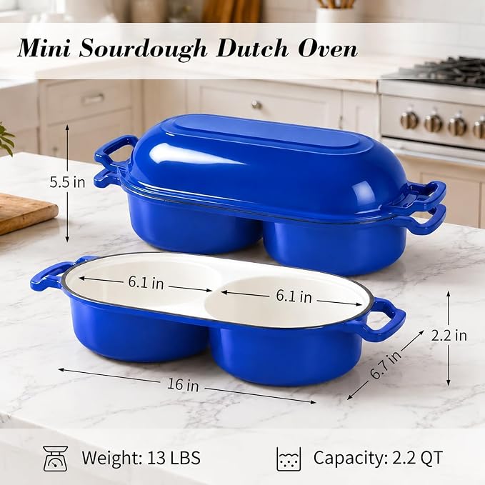 Double Dutch Oven for Sourdough Bread Baking, Enameled Cast Iron Bread Pot with Lid, Double Round Loaf Space, 500F Oven Safe, Non Stick Mini Loaf Pans for Homemade Cake Meatloaf