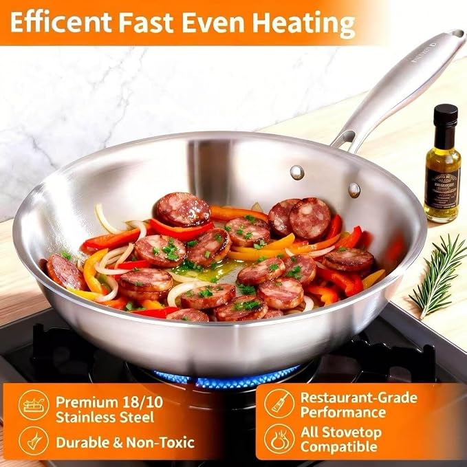 DELARLO Tri-Ply Stainless Steel Woks, 12 Inch Healthy Non-Toxic Cooking Wok Pan with Lid, Wide & Deep Cookware Stir-Fry Pans, Dishwasher and Oven Safe Up To 600°F, Works on Induction，Detachable Handle