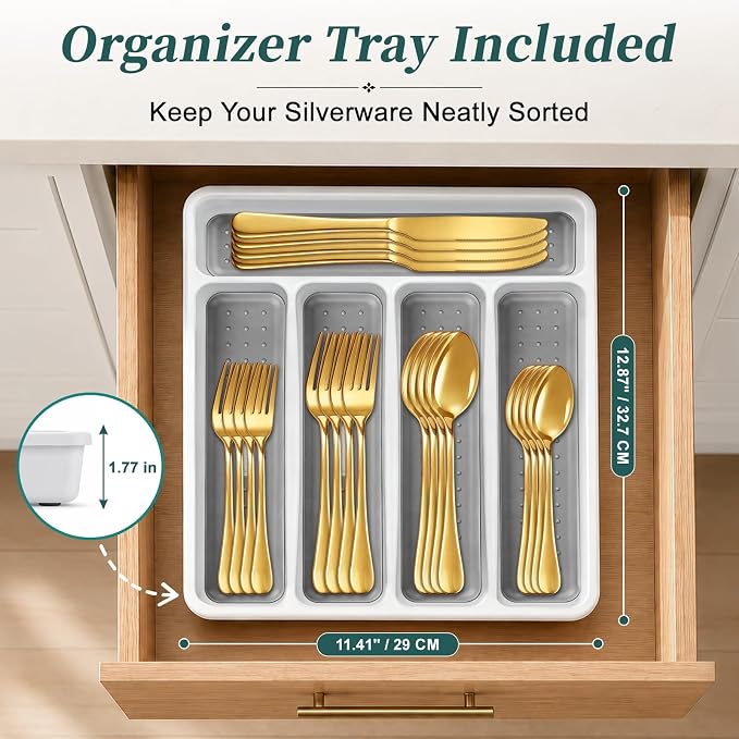 45-Piece Silverware Set with Organizer, Stainless Steel Flatware Set for 8 | Gold Cutlery Utensil Sets, Includes Forks, Knives, Spoons & Serving Utensils, for Dining, Entertaining & Housewarming