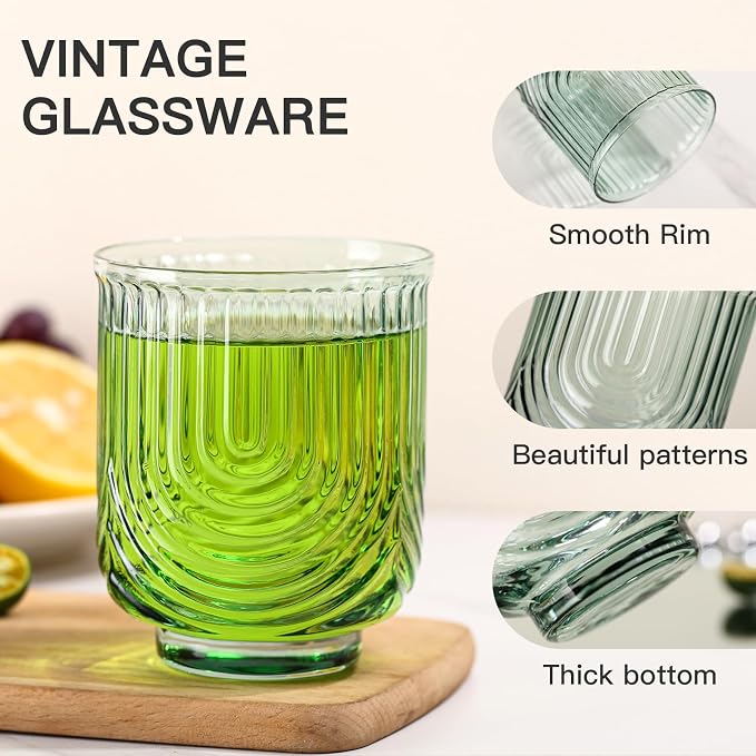 JOVGANK Colored Vintage Drinking Glasses Set of 6-14Oz Colorful Drinking Glasses, Art Deco Ripple Highball Glass, Whiskey Cocktail Glasses, for Bar Coffee Juice, Housewarming Gift