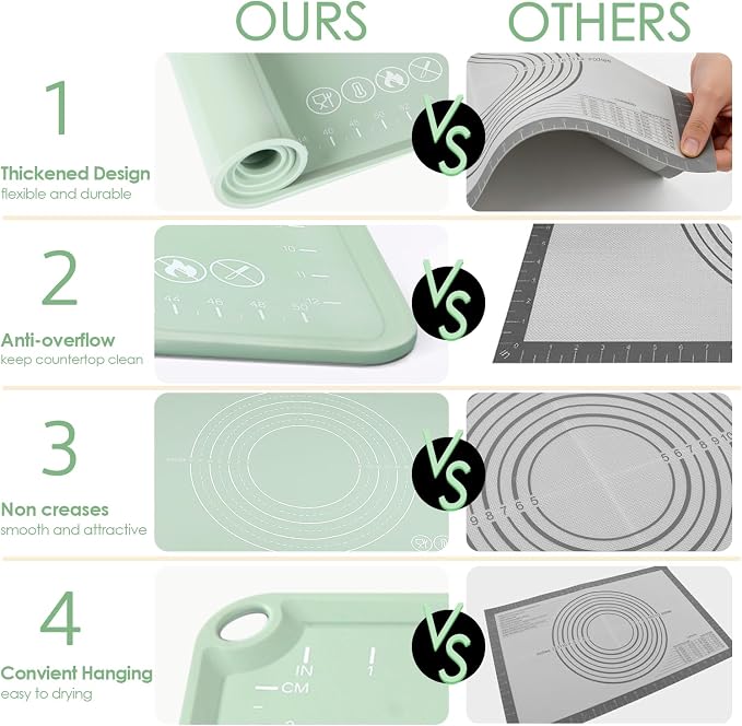 Silicone Pastry Mat, Non Slip Dough Mat with Measurements and Raised Edges, Food Grade Silicone Countertop Baking Mat for Rolling Dough, Kneading Bread, Cookies, Pizza, Pie Crust