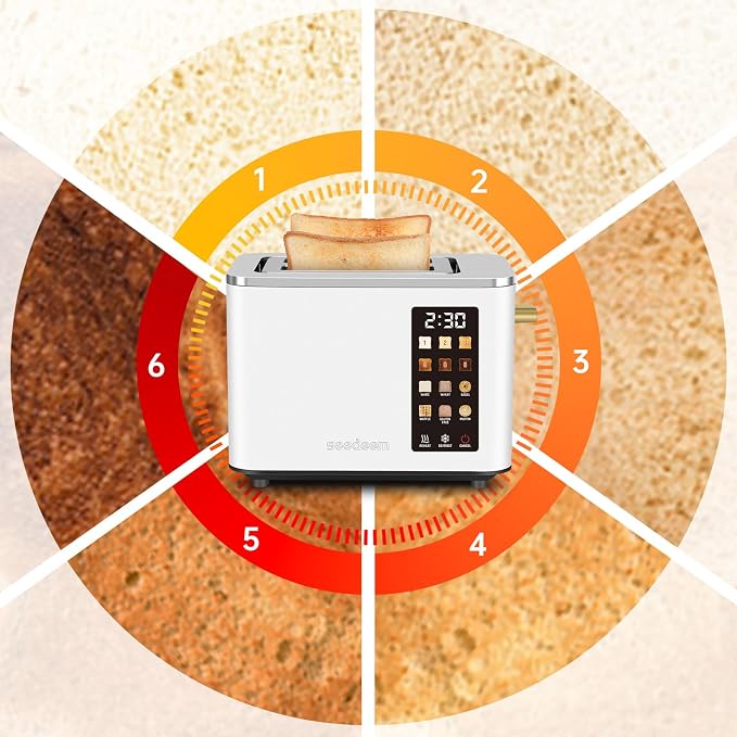 SEEDEEM 2 Slice Toaster with Full Touch Screen, Stainless Steel, 6 Bread Types & 6 Shade Settings, Countdown Display, Removable Crumb Tray, 900W, White