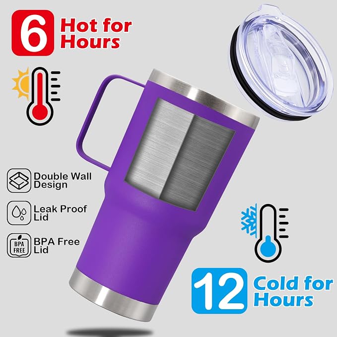 20 oz Tumbler with Handle Coffee Tumblers with Lid Travel Mug Purple 6P | 20oz Tumblers with Handle Double-Wall Insulated Vacuum Coffee Mugs Stainless Steel Tumbler with Handles&Lid Purple 6P