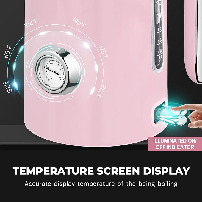 SUSTEAS 57oz Electric Kettle with Thermometer, Hot Water Pot, Pink | Electric Tea Kettle for Boiling Water, 1500W Stainless Steel Pot, Cordless LED Indicator, Auto Shut-Off & Boil Dry Protection