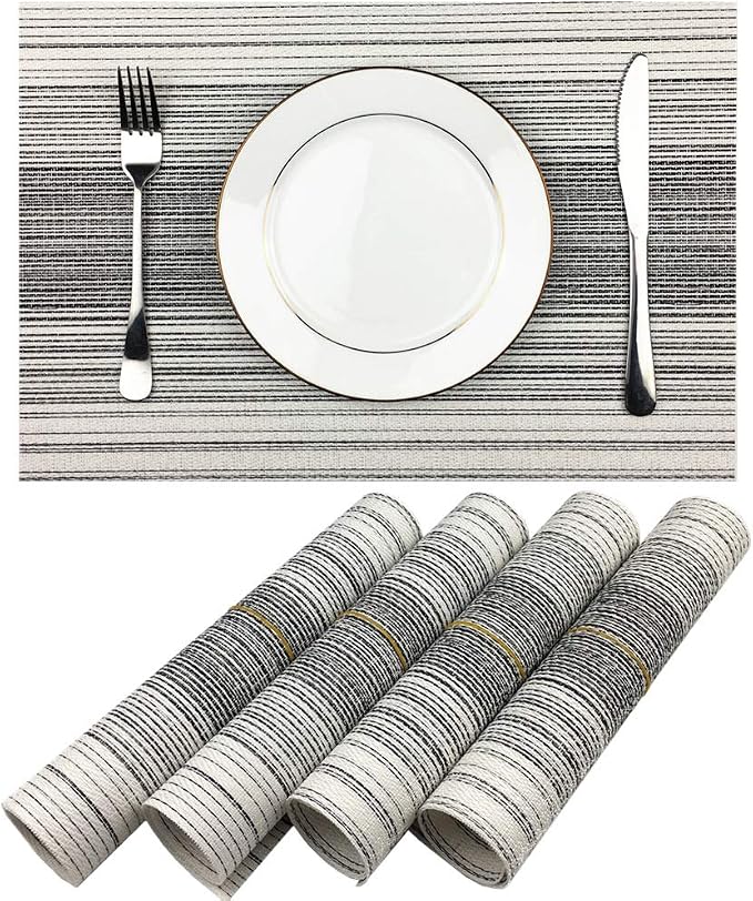 WAZAIGUR Placemats Set of 4, Woven Vinyl Table Placemats, Black with White | Placemat, Blending Color Durable Washable Place Mats Indoor Outdoor Heat-Resistant Anti-Skid Kitchen Dining Table Mats
