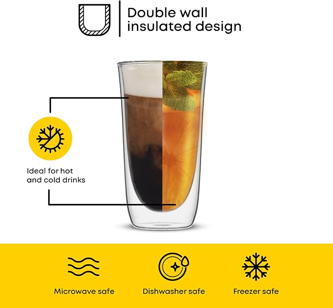 JoyJolt Spike Double Wall Glasses, Cocktail Beer Drinkware Glass Set of 2 - double walled glass 13.5 Ounces