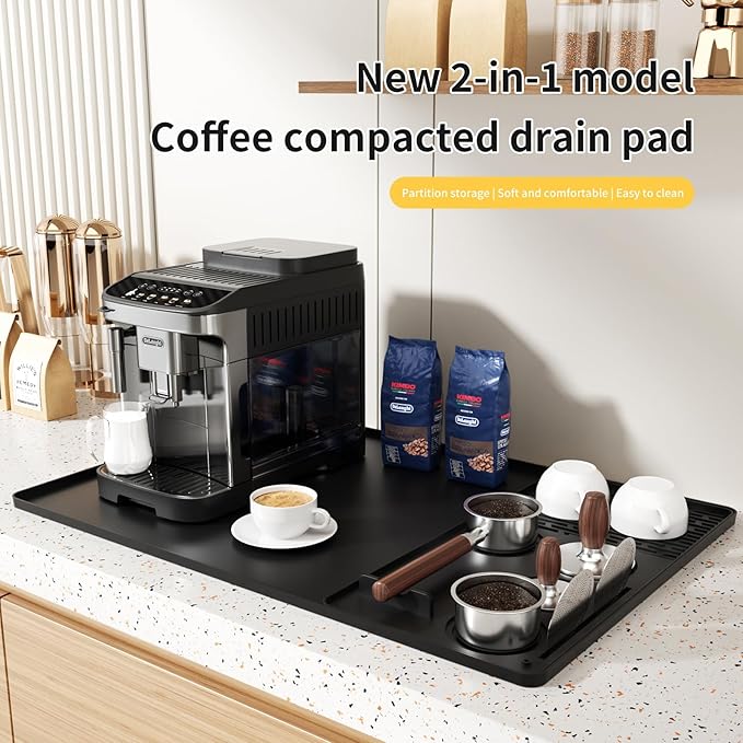 Silicone Coffee Mat 24''x16'',Fits Under Coffee Maker | Detachable Dish Drying Mat& Built-in Tamper Storage – Fits Espresso Machine, Dish Rack