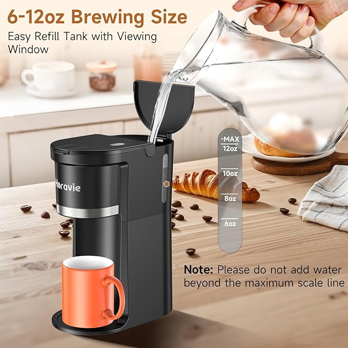 Small Single Serve Coffee Maker, One Cup Coffee Machine for K-Cup & Grounds | Portable Pod Coffee Maker, Fast Brew, 6 to 12 oz. Brew Sizes, One Button Design, Easy for Elder to Use, Space Saving, Black