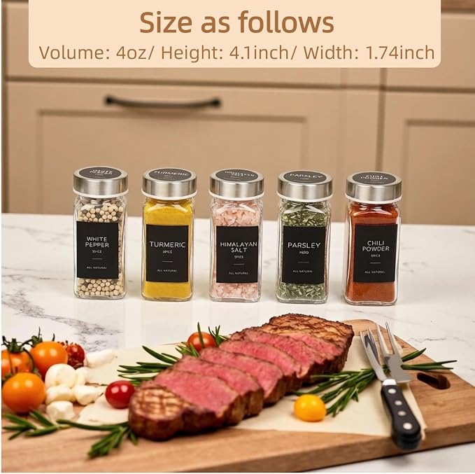 Glass Spice Jars with Labels, Seasoning Jars; 26 Pcs Stainless Steel Lids/Airtight Lids Keep Spice Fresh; Pepper Grinder Lid, 360 Labels, Funnel and Brush, Shaker Inserts; 4 oz Jar Set
