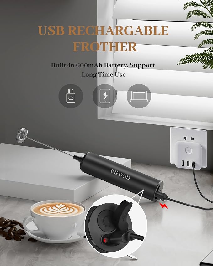 INFOOD Rechargeable Milk Frother with Cover, 2-Speed, 2 Whisks, Black | Stainless Steel Body and Whisks, 2 Detachable Heads, for Lattes, Cappuccinos, Hot Chocolate, and Egg