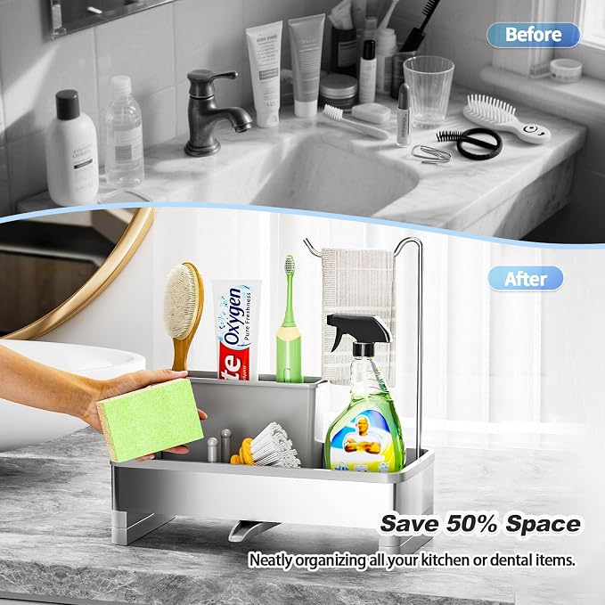 Ewaiira Sponge Holder for Kitchen Sink, Stainless Steel Sink Caddy | with Brush Holder & Dishcloth Rack, Countertop Sink Organizer, Soap Dispenser Kitchen Organizers Storage (F-Gray 9.8″)