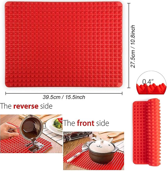 Silicone Baking Mat Pyramid Sheets Cooking Pan 16"x11" 2 Pack-Red | Best Healthy Fat Reducing Nonstick Cooking Mat for Baking Mat with Grid for Oven Grilling BBQ, Baking and Roasting