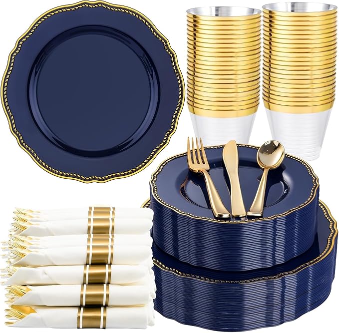 175 Pcs Blue Gold Plastic Plates Wedding & Party | Gold Plastic Dinnerware Set Includes 25 Dinner Plates, 25 Dessert Dinnerware, 25 Cups, 25 Napkins Perfect