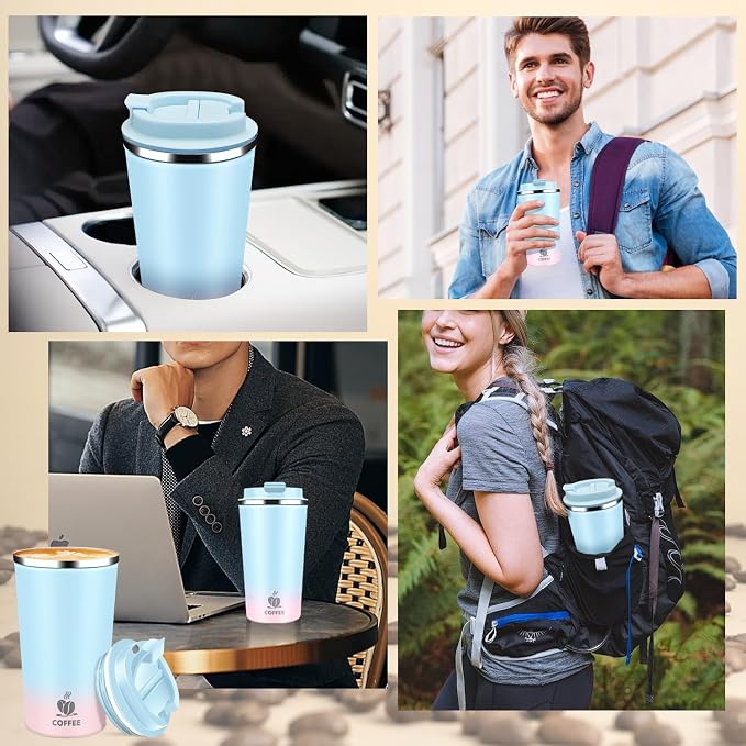 Insulated Travel Coffee Mug Reusable Coffee Tumbler Cup with Flip Lid Leak Proof Spill Proof for Office School Party Camping Hot and Cold Drink,Stainless Steel 17oz (Blue Pink)