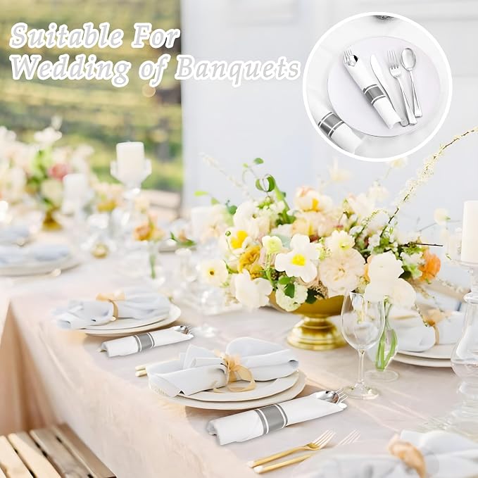 120 Pack Silver Plastic Silverware Wrapped Cutlery Set with Napkin | Heavy Duty Pre Rolled Disposable Silver Cutlery Wrapped Plastic Utensils for Wedding, Birthday, Party & Catering