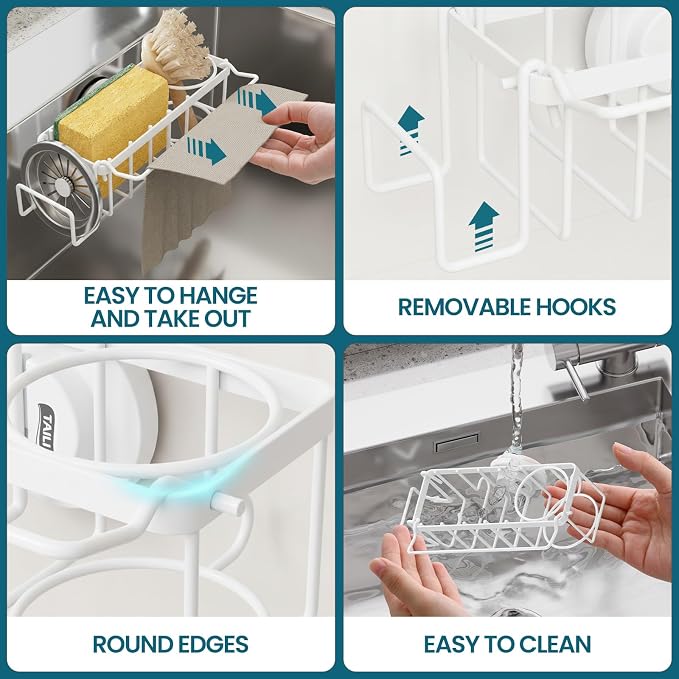 TAILI 4-in-1 Sponge Holder for Kitchen Sink with Strong Suction Cup-White | Removable Rustproof 304 Stainless Steel Multi-compartment Sponge Holder with Suction Cup, Keeps Brushes & Scrubbers Tidy