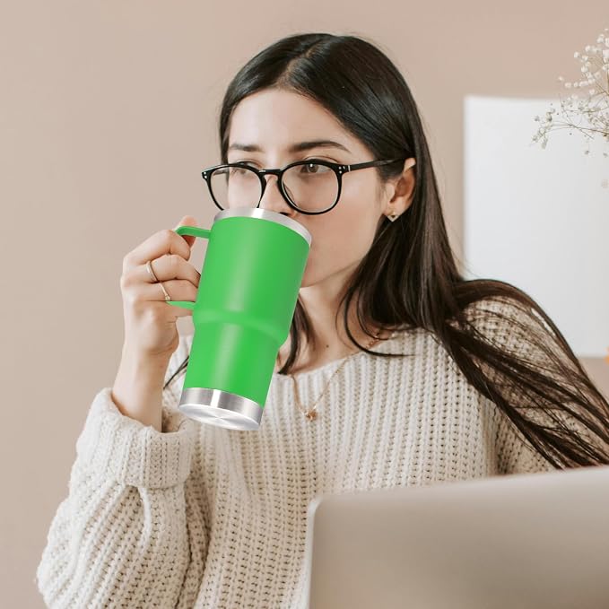 20 oz Tumbler with Handle Coffee Tumblers with Lid Travel Mug Green 12P | 20oz Tumblers with Handle Double-Wall Insulated Vacuum Coffee Mugs Stainless Steel Tumbler with Handles&Lid Green 12P