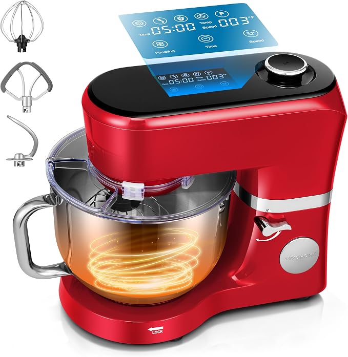 VIVOHOME Stand Mixer with Dough Proofing, 6-Quart Tilt-Head Mixer, Red | One-Touch Programs, Adjustable Temperature & Time, Flex Edge Beater, Dough Hook, Whisk, Stainless Steel Bowl, Splash Guard