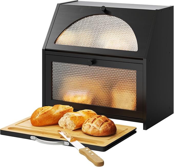 STDDRE Double Layer Bamboo Corner Bread Box with Cutting Board(Black) | Extra-large capacity. Double Layer Bread Storage Bin with Door Panel for Kitchen Counter.for kitchen counter