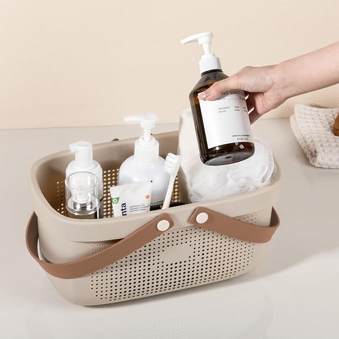 Portable Shower Caddy Basket with Handles Plastic Storage Basket Beige | Sturdy Drainage Large Capacity Organizer Basket with Silicone Handles for Bathroom Kitchen Bedroom College Dorm Essentials